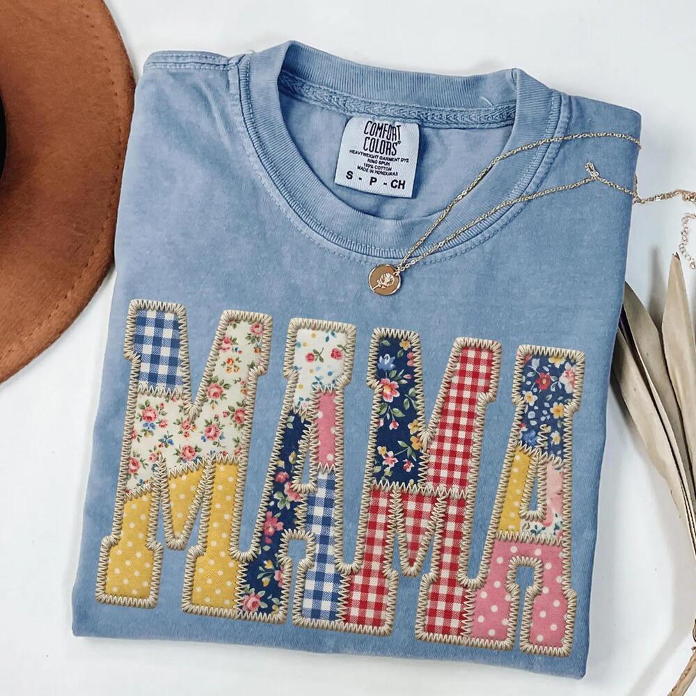 Patchwork Floral Mama Shirt, Ed Mom Tee, Varsity Cottagecore Mama, S